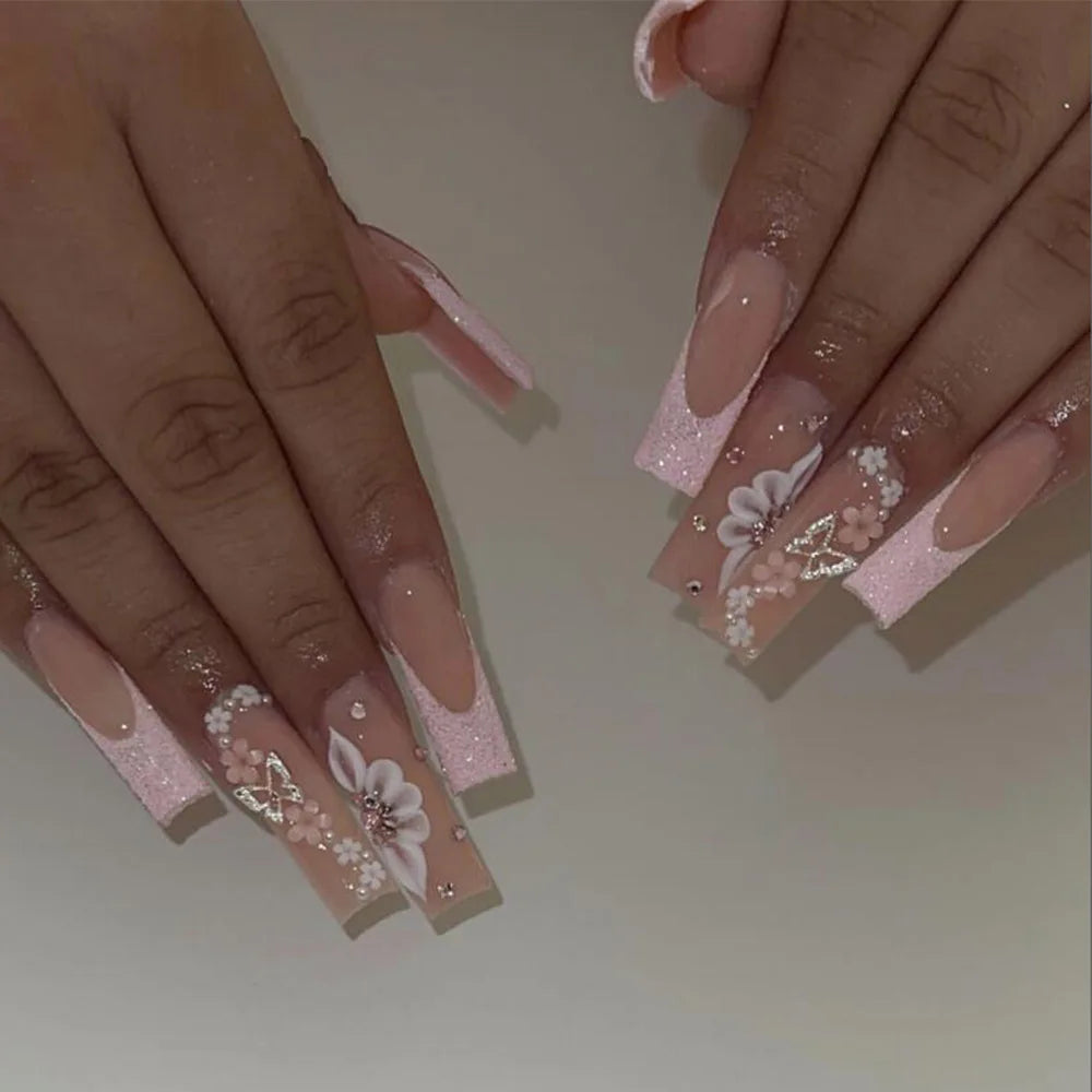24pcs French Bow Press on Nails Extra Long Coffin Pink Sweet Nails Tips Love Pearl Diamond Fake Nail Square Ballet False Nail