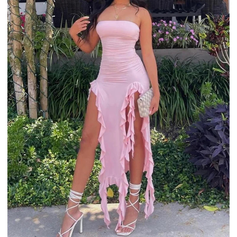 Sexy Strapless Tube Long Dress Summer Women Sleeveless Backless Irregular Layered Ruffled Tassels Skirt Y2K Fashion Slim Dresses