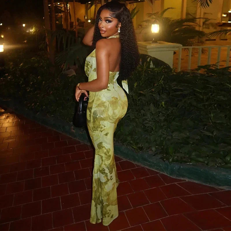 Women Sleeveless Ruched Halter V-neck High Waist Long Maxi Dress Print Birthday Night Club Party Vestidos Sexy Dresses