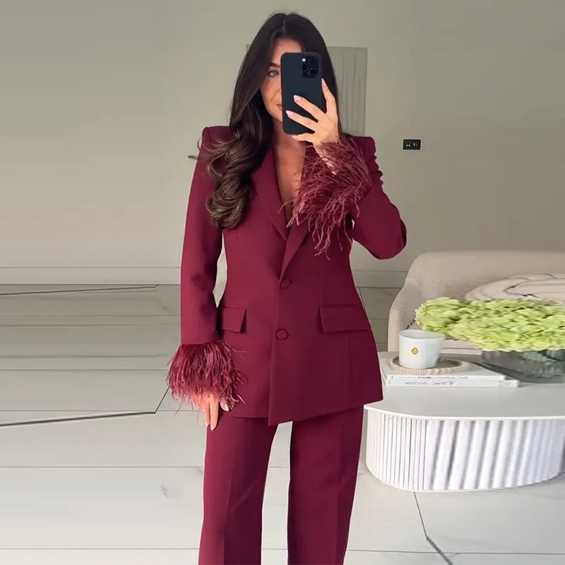 Elegant Feathers Women Blazer Pants Suit Lapel Button Coat Straight Wide Leg Trousers Lady Set 2026 Spring Female Outfits