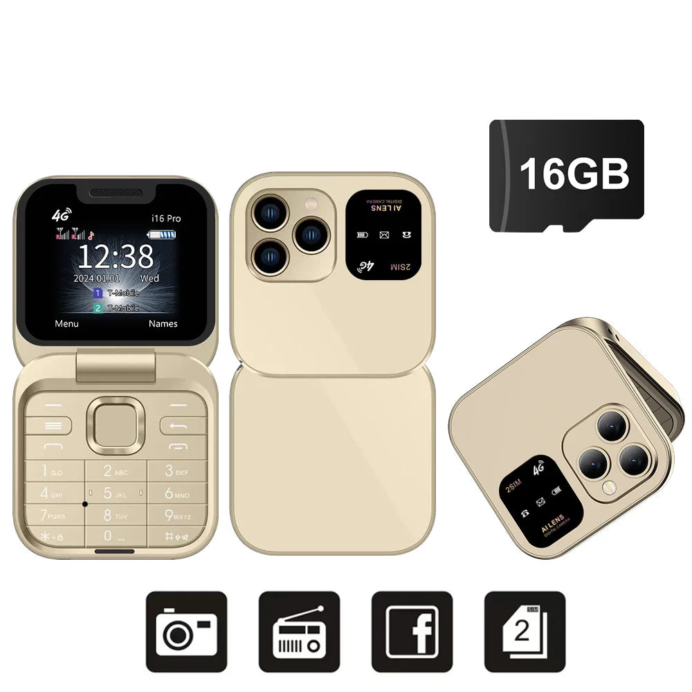 SERVO i16 Pro 4G LTE Mini Flip Mobile Phone Dual SIM Standby Call Recording Speed Dial FM Radio Blacklist Small Fold Cellphones