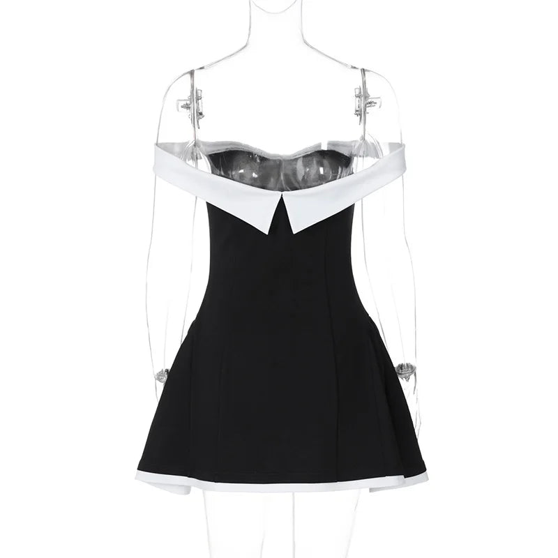 2025summer Off-shoulder Strapless Sexy Mini Dress Women Fashion Patchwork Sleeveless Backless High Waist A-line Club Party Dress