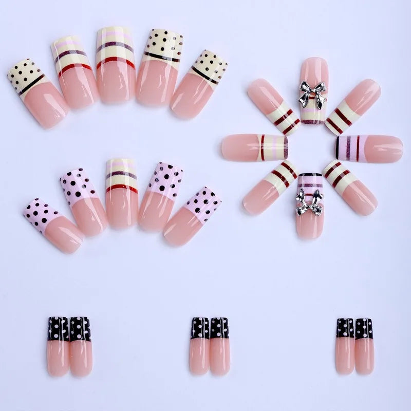 24PCS Y2k Yellow French Press on Nails Pink Stripes Medium Coffin 3D Bowknot Fake Nails Sweet Polka Dot Square Wearable Nail Tip