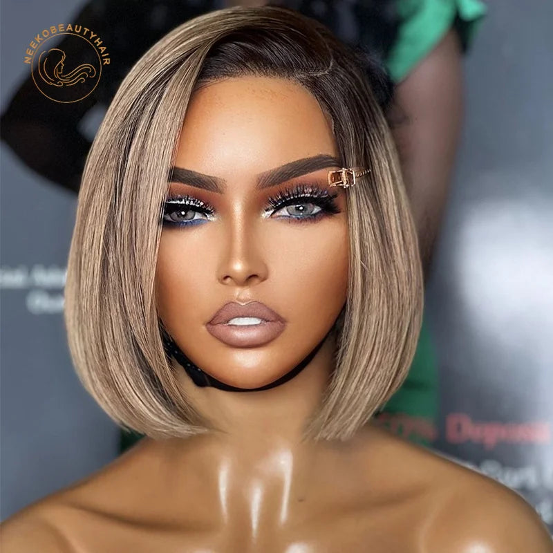 Ash Blonde Ombre Lace Front Wig Honey Blonde Transparent Lace Frontal Wig Ombre Blonde Colored Human Hair Bob Wis With Dark Root