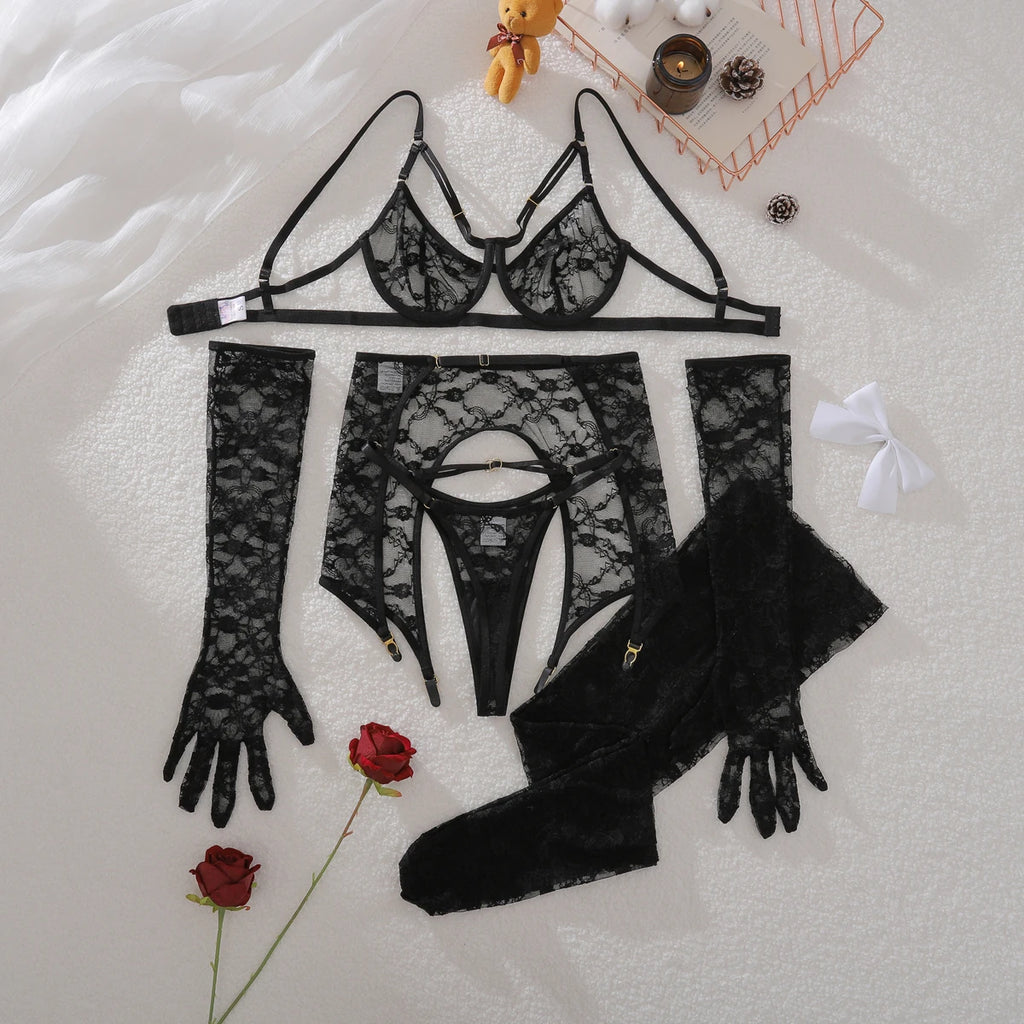 AVELINE 2025 Elegant Lace Underwear Set thong shaping ultra-thin see through stockings women's sexy five piece set