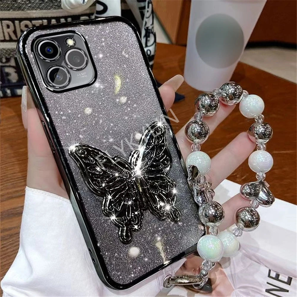 3D Butterfly Phone Holder Bead Bracelet Glitter Plating Case For iPhone 16 15 13 12 11 14 Pro Max XS Max XR 7 8 Plus Stand Cover