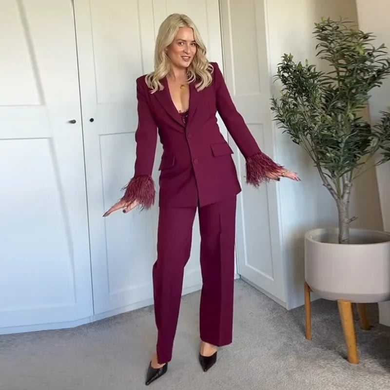 Elegant Feathers Women Blazer Pants Suit Lapel Button Coat Straight Wide Leg Trousers Lady Set 2026 Spring Female Outfits