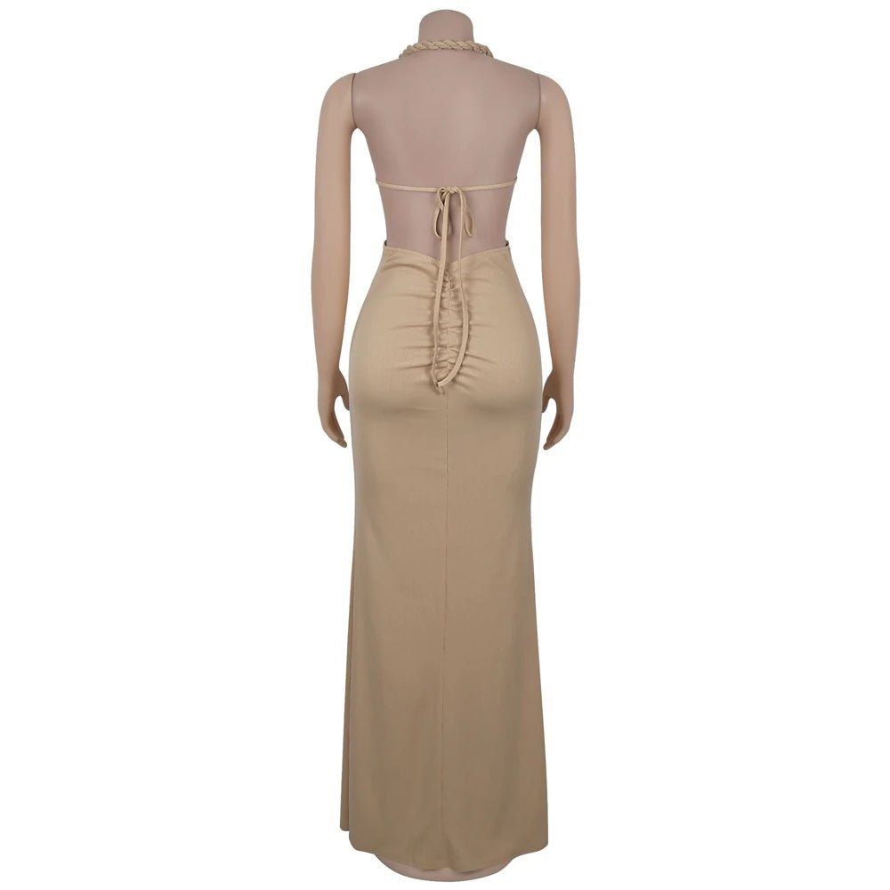 Hemp Rope Halter Neck Stacked Ruched High Slit Knit Bodycon Knotted Maxi Dress for Women Summer 2025 Birthday Sexy Party Dresses