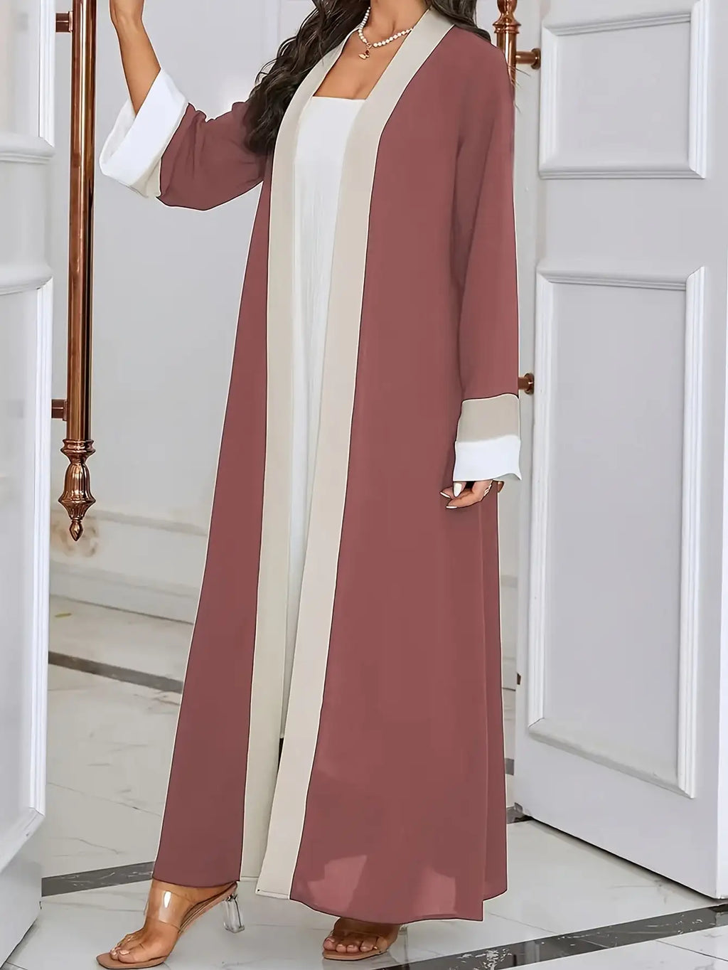 2026 Women's Casual Ramadan Open Front Long Sleeve Dress, Elegant Color Contrasting Slim Fit Extra Long Dress, Women's Wear  1