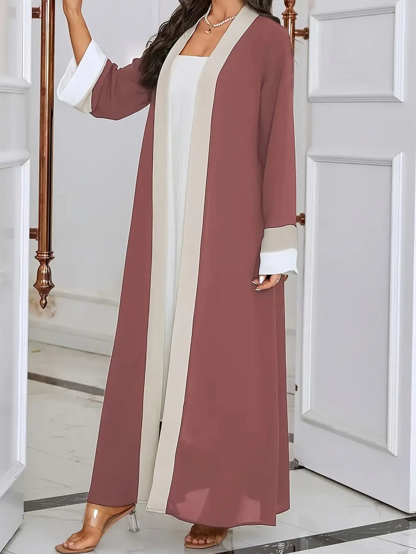 2026 Women's Casual Ramadan Open Front Long Sleeve Dress, Elegant Color Contrasting Slim Fit Extra Long Dress, Women's Wear  1