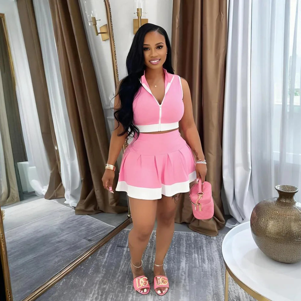 Women Two Piece Sets Shorts Skirt Set Zipper Sleeveless Sexy Tops Short Skirts A Line High Waist Y2k Streetwear Elegant Work
