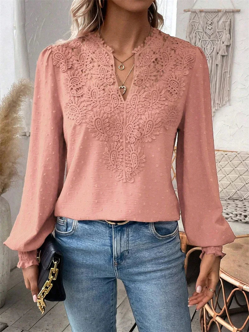 Elegant Hollow Out Lace Decoration Shirt Women Deep V Neck Pullover Blouse Female Solid Color Jacquard Lantern Long Sleeve Tops