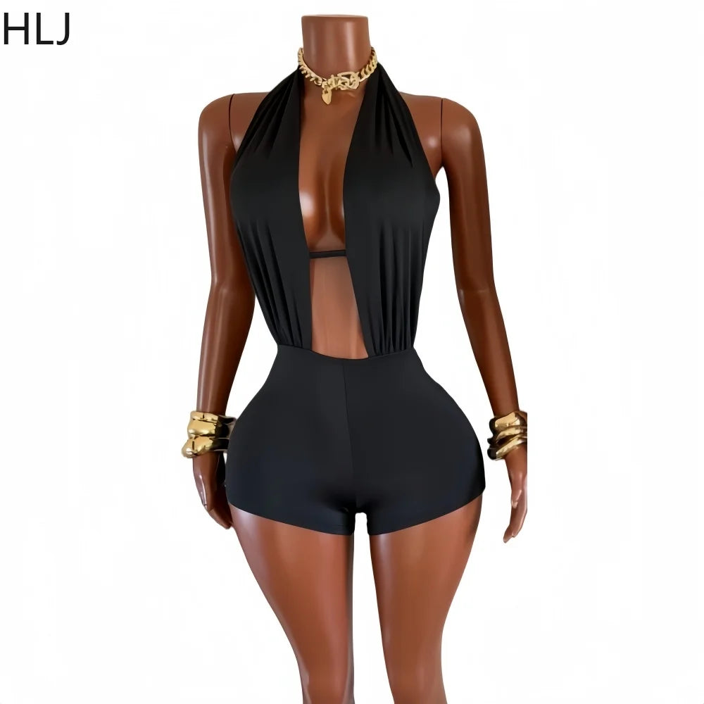 HLJ Sexy Deep V Neck Bodycon Romper for Women Black Halter Sleeveless Backless Shorts Jumpsuit Female Club Party Streetwear New