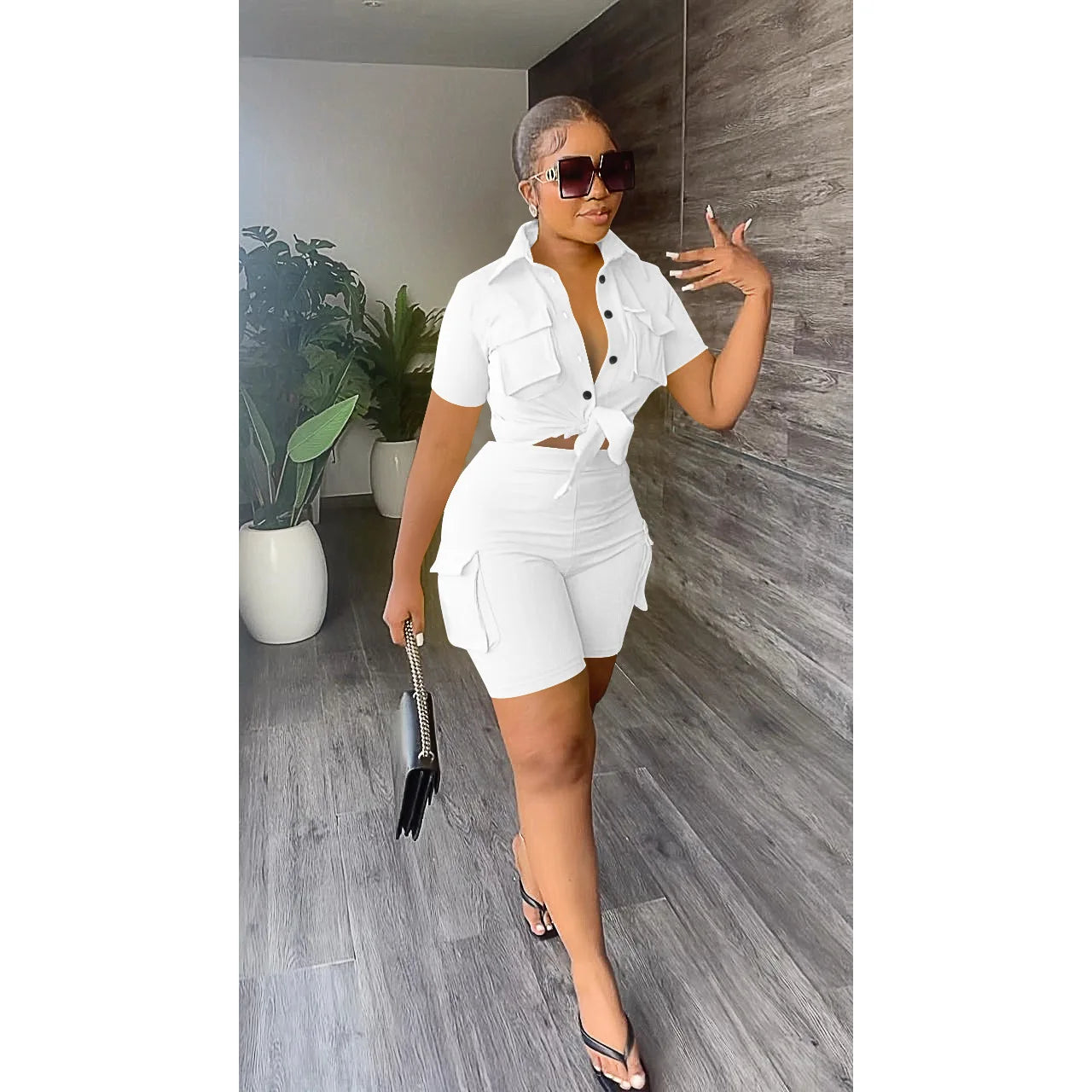 Women Shorts Two Piece Set Turn Down Collar Shirt Button Lace Up High Waist Short Sets Pockets Elegant Lady Streetwear Suit