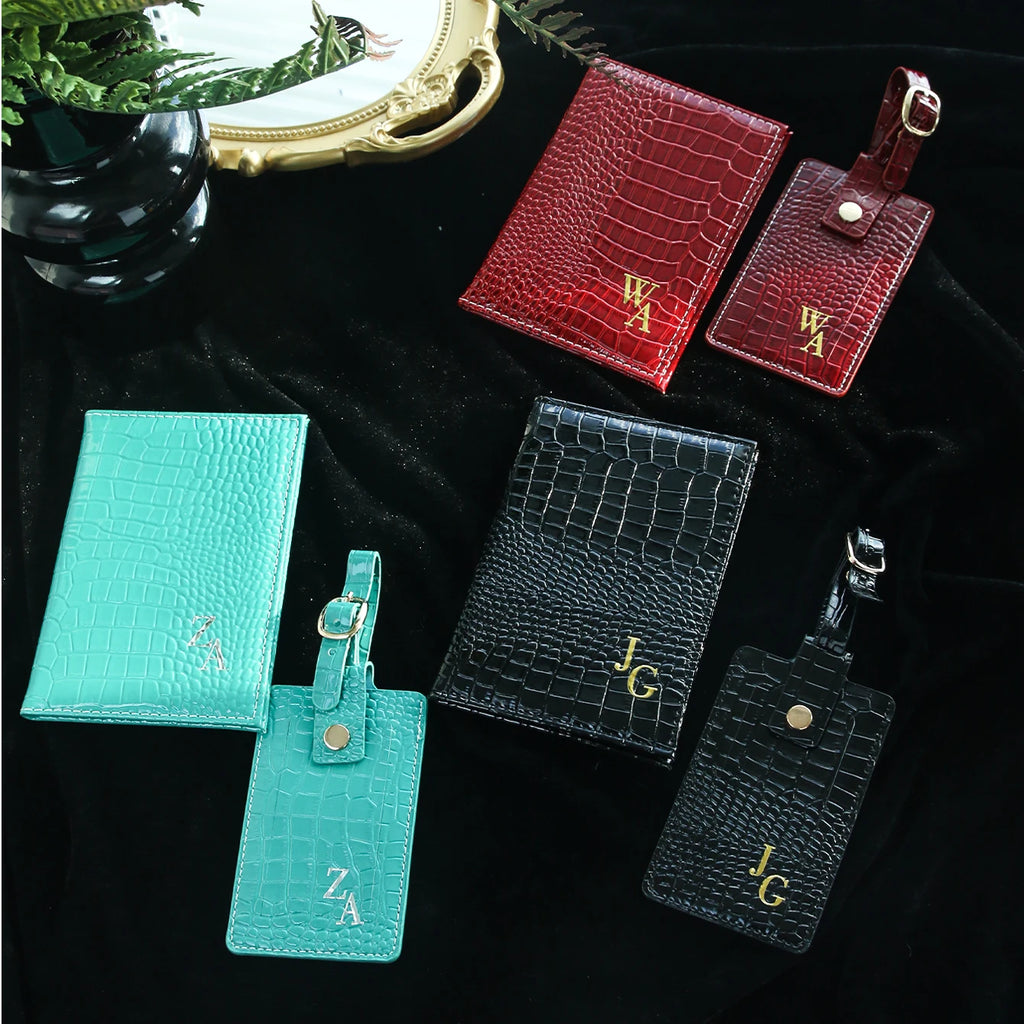 Customized Initial Passport Holder & Luggage Tag Set Personalized Gold Silver Monogram Embossed Crocodile Leather Travel Gift
