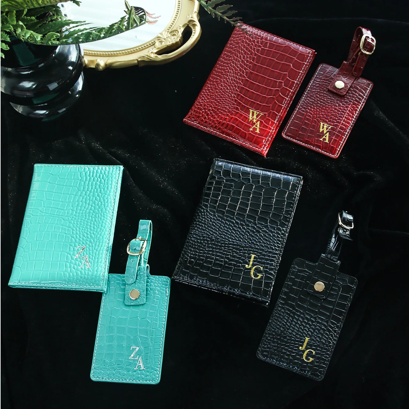 Customized Initial Passport Holder & Luggage Tag Set Personalized Gold Silver Monogram Embossed Crocodile Leather Travel Gift