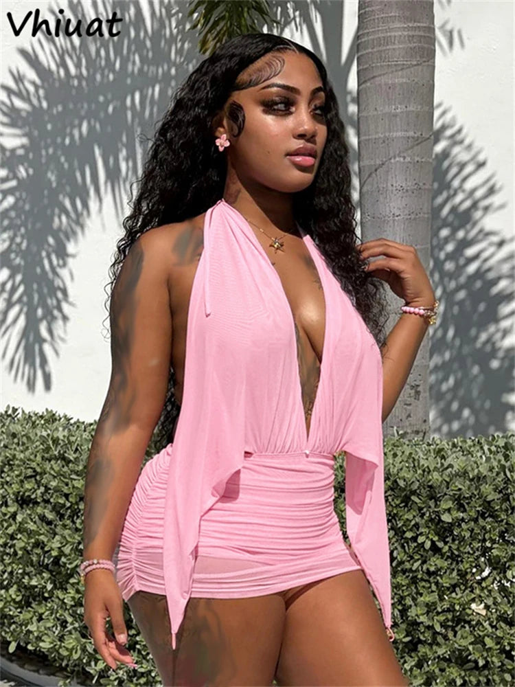 Vhiuat Women Casual Backless Bodycon Mini Dress Club Party Sleeveless Halter Pink Elegant Sexy Short Dress Vestidos Spring 2026