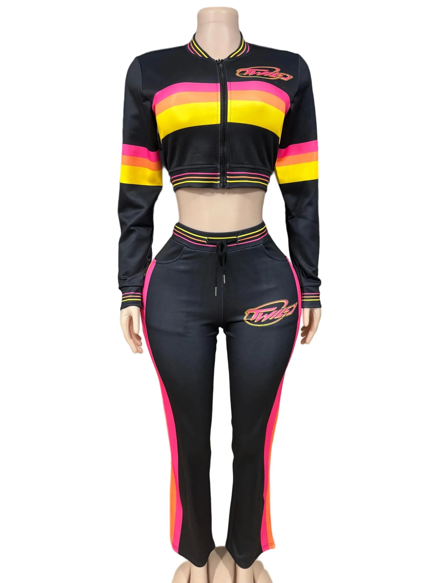 HLJ&GG Fashion Trend Y2K Striped Patchwork Two Piece Sets Women Zip Long Sleeve Crop Top + Shorts Outfits Female 2pcs Streetwear