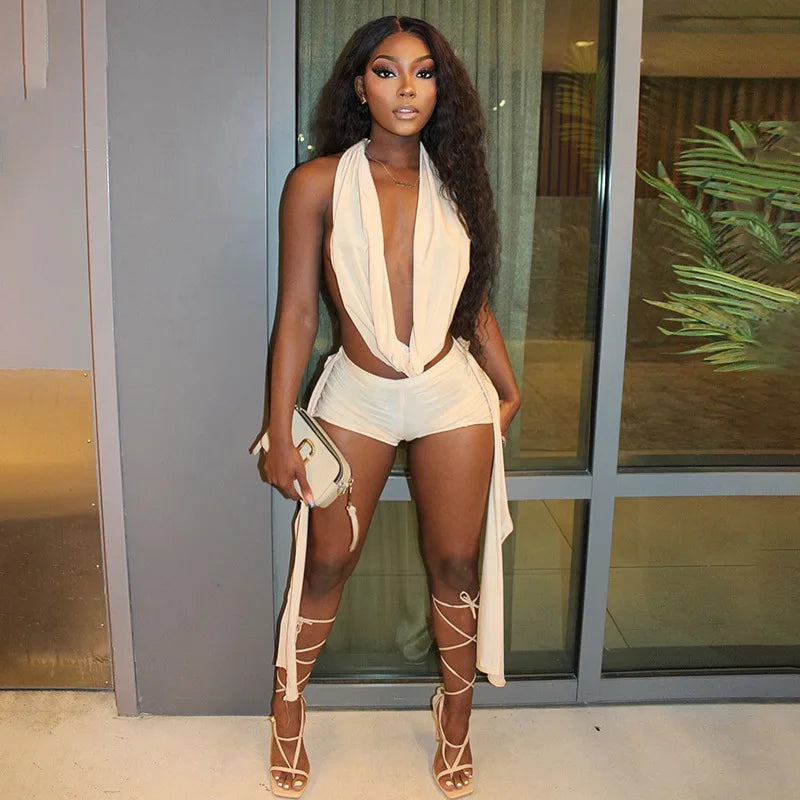 2 Piece Set Outfit Sexy Party Halter Deep V-neck Backless Crop Top & Shorts Sexy 2pcs Pants Sets Summer Clothes