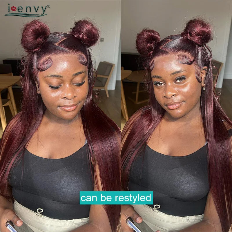 99J Red Colored Lace Front Human Hair Wigs Silky Straight 13X4 13X6 Burgundy Hd Transparent Pre Plucked Lace Frontal Wigs 180%