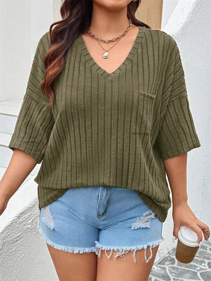 GIBSIE Plus Size Drop 3/4 Sleeve Loose Rib-knit T Shirt Women Summer 2025 Solid Color V-Neck Pocket Casual Female Tops Tees