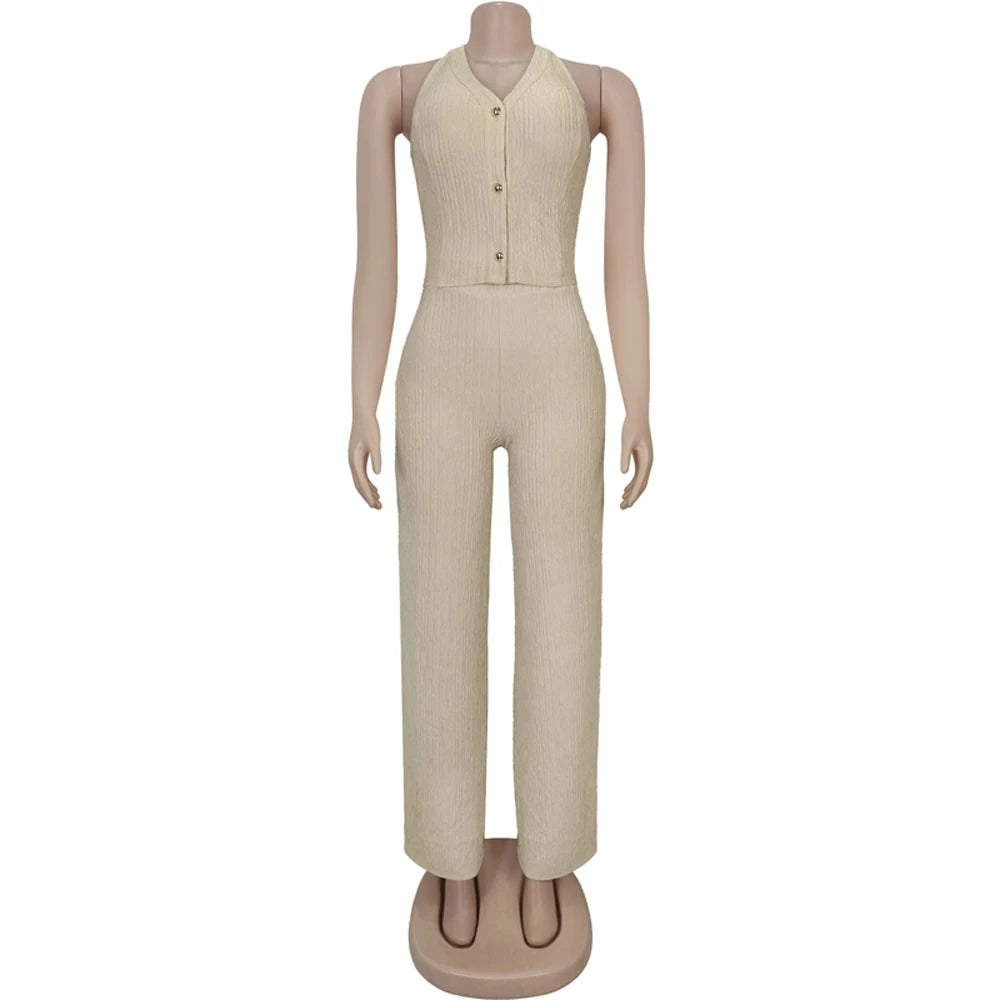 Fashion Ribbed Women's Set Backless Halter Neck Crop Top and Wide Leg Pants Suit 2025 Summer Street Wear Casual 2 Two Piece Sets