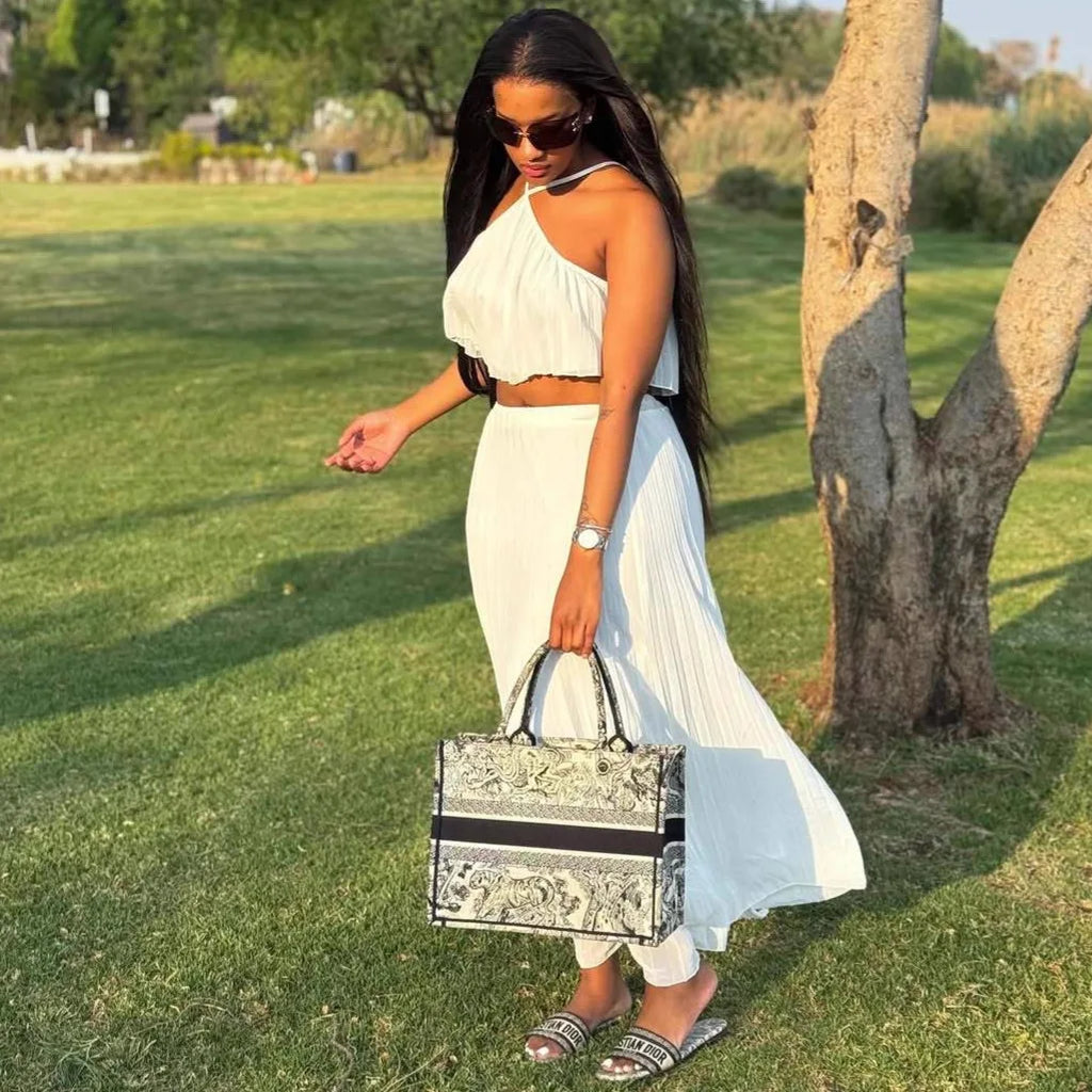 2026 New Summer Female 2 Piece Skirt Set Outfit Fashion Halter Neck Long Skirt Suit Women Backless Sling Top Lace Up Maxi Skirts