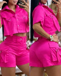 Two Piece Set Women Outfit 2024 Summer Short Sleeve Turn-Down Collar Buttoned Crop Top Casual Pocket Design Vacation Pants Set
