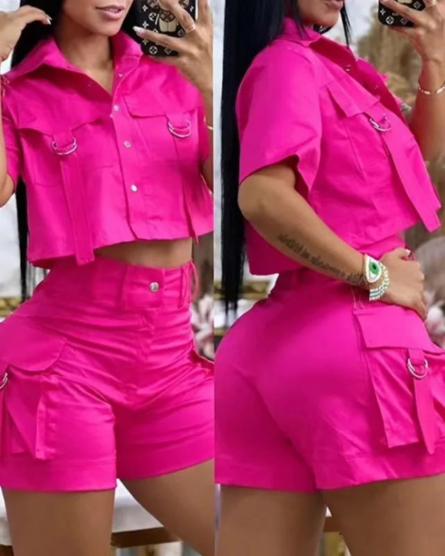 Two Piece Set Women Outfit 2024 Summer Short Sleeve Turn-Down Collar Buttoned Crop Top Casual Pocket Design Vacation Pants Set