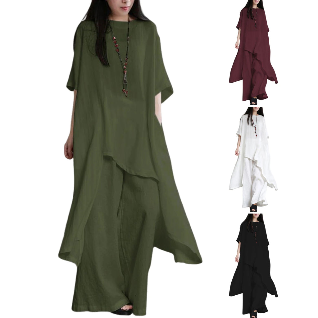 Simple Women Tops Pants Set Cotton Blend Short Sleeve Breathable Elastic Waist Outfit Suit  T-shirt Pants Set Comfy