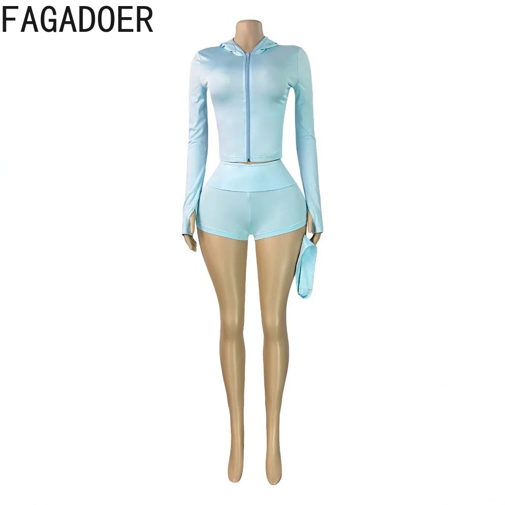 FAGADOER Casual Shorts 3 Piece Sets Women Hooded Zipper Crop Top + Headband + Bodycon Shorts Outfits Summer Fashion Sports Suits