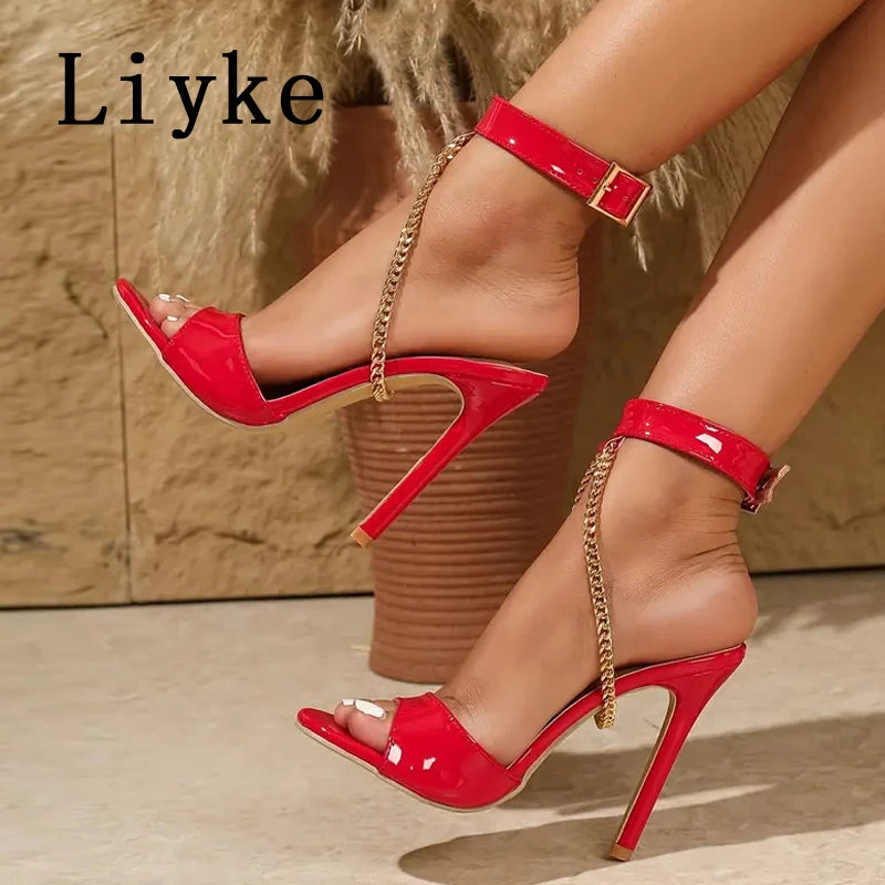 Liyke 2026 Summer Fashion Metal Chain Belt Buckle Strap Designer Sandals Women Party Prom Shoes Sexy Open Toe Stripper Heels Red