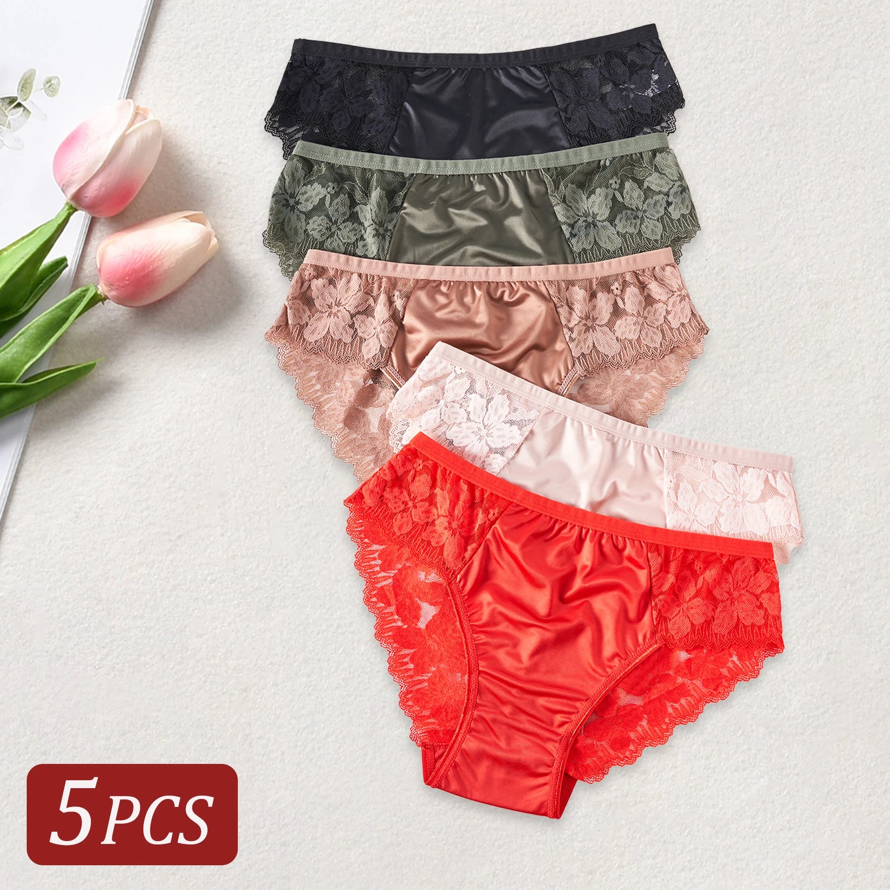 5PCS Women's Underwear Hollow Lace Embroidery Flower Sexy Panties Female Briefs High Quality Solid Color Underpants
