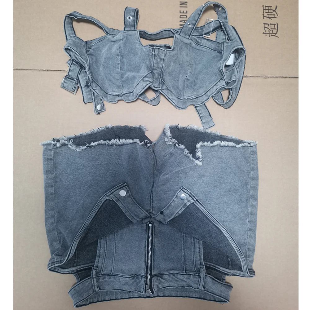 Sexy Jean Women Short Sets Straps Denim Crop Top and Cut Out Shorts Set 2025 Summer Clothes Streetwear Two 2 Piece Club Outfits
