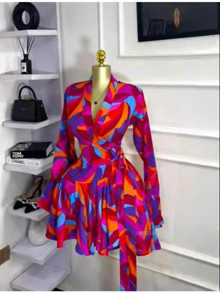Elegant Women Tie Dye Print Flare Long Sleeve Wrap V-neck with Sashes Ruffle Dress 2026 Elegant Vacation Party Birthday Dresses