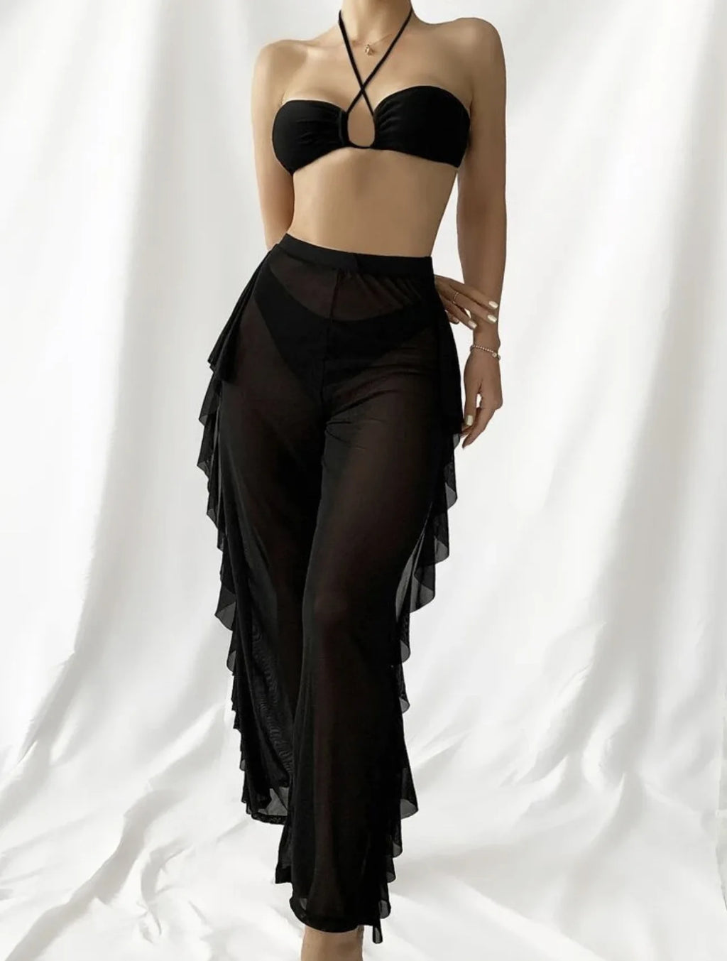 Bikini And Cover Up Set Plain Criss Cross Halter With Ruffle Pants Bandeau Swimsuit Women 2024 Black/White Swimwear Bathing Suit