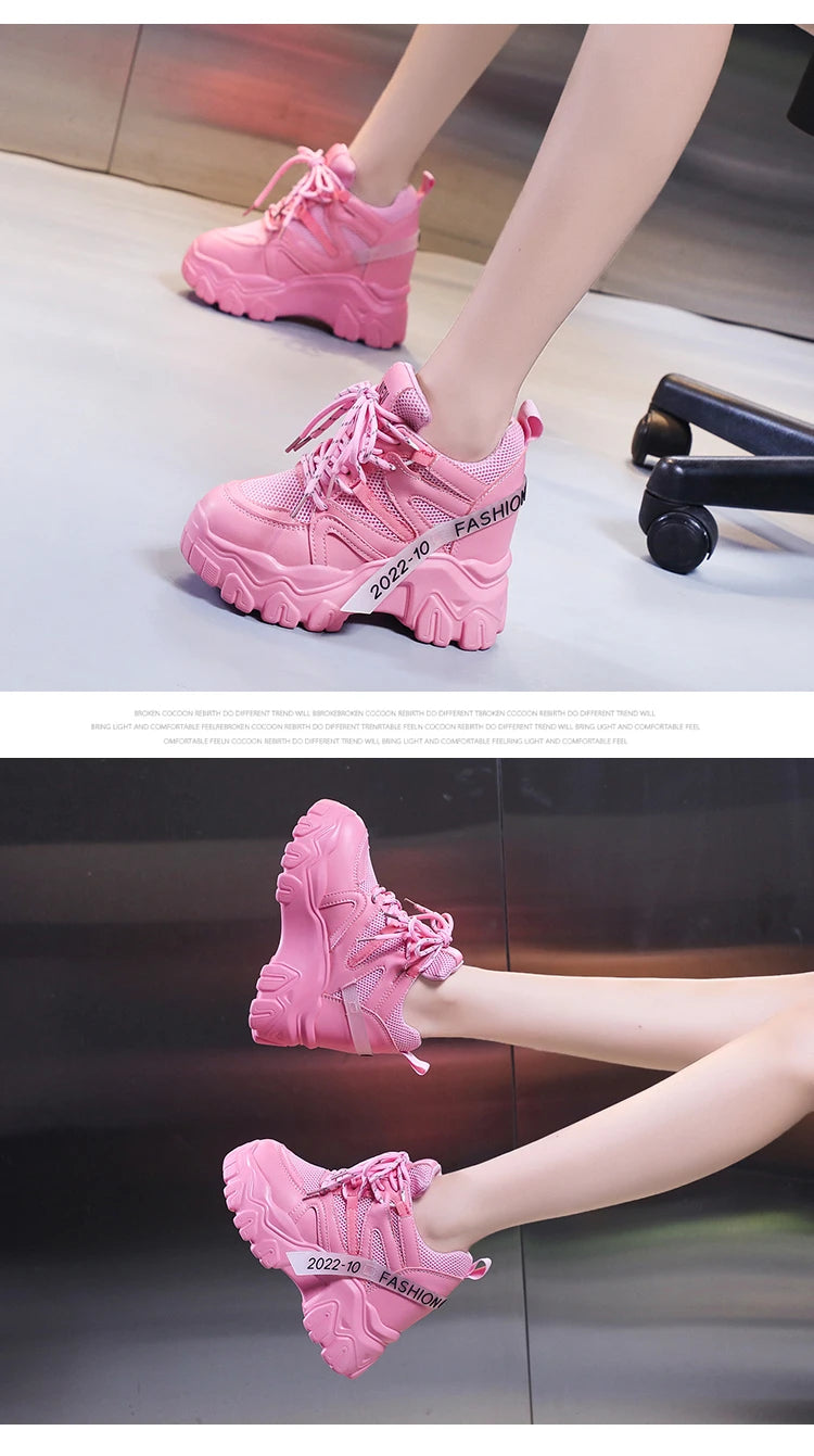 Comemore Women Sneakers Chunky Breathable Mesh Casual Shoes Platform Wedge Heels Sports Pink Shoe 2023 New Spring Autumn Fashion