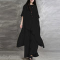 Loose Casual Cotton Linen Two Piece Set Fashion Round Neck Irregular Half Sleeved Extended Top Elastic Waist Wide Leg Pants Set
