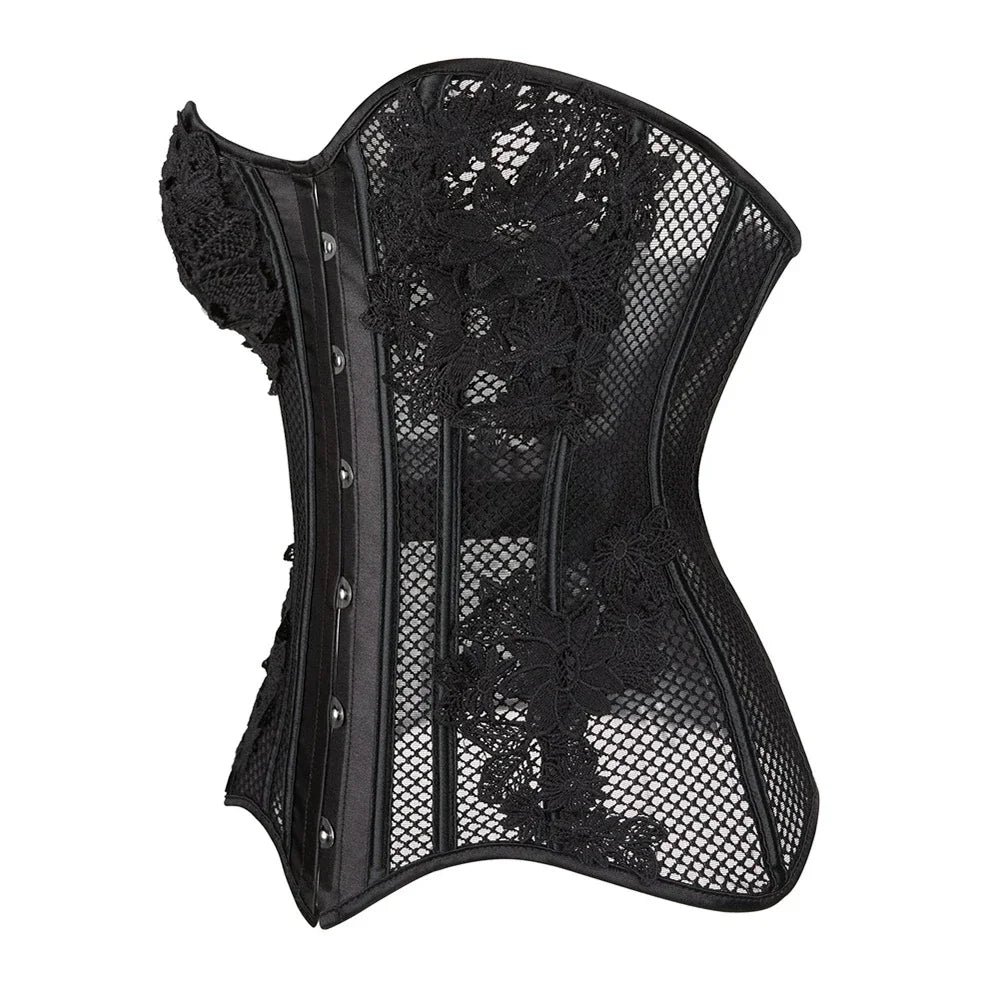 Women's Sexy Corsets and Bustiers Tops Plus Size Mesh Black Breathable Hollow Out Lingerie Corset Overbust Lace Up Corsets