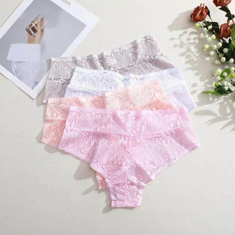 6pcs Women's Sexy Lace Panties Seamless High Waist Transparent Briefs Solid Color Hollow Breathable Female Underwear Large size