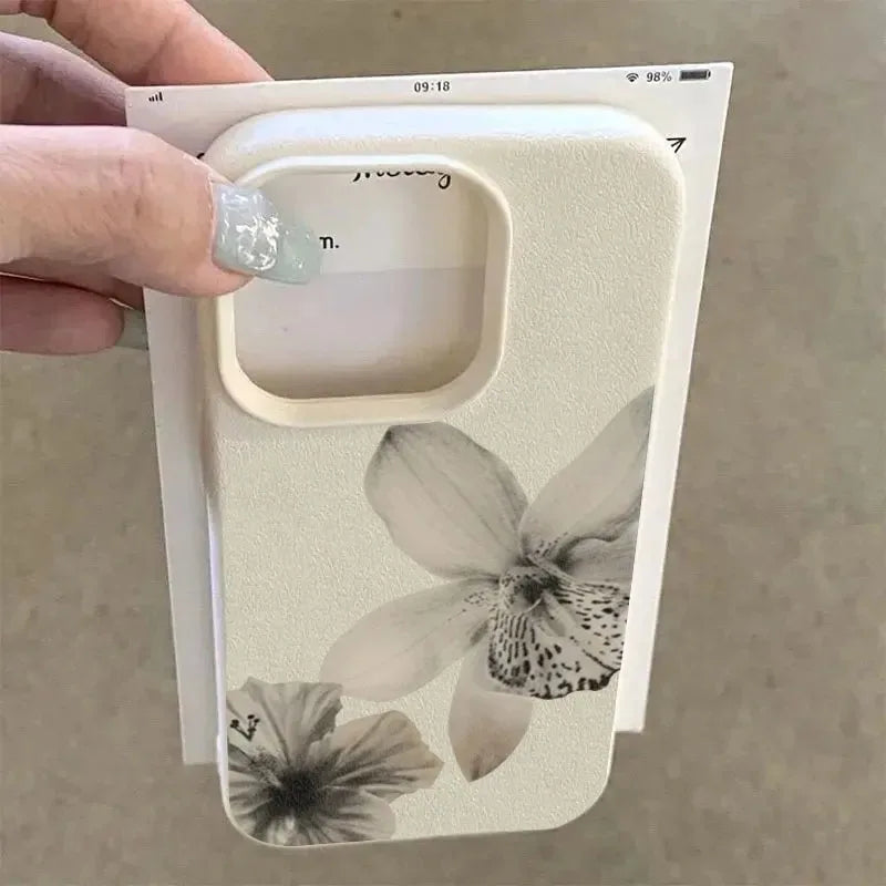 Black & White Floral Pattern Phone Case For iPhone 16 17 15 14 Pro Max 12 11 13 Plus 17 Air Lichee Pattern Soft Phone Cover