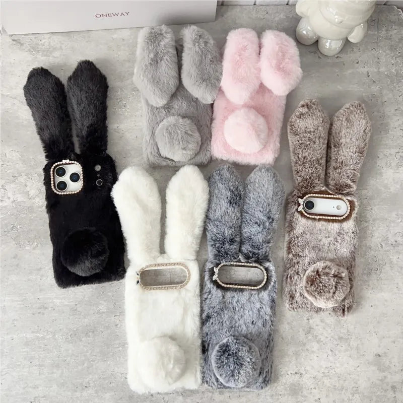 3D Cute Rabbit Ears Fur Plush Phone Case For iPhone 17 Pro Max 16 15 14 13 12 11Pro max Plus mini 17Air Furry Bunny Warm Cover