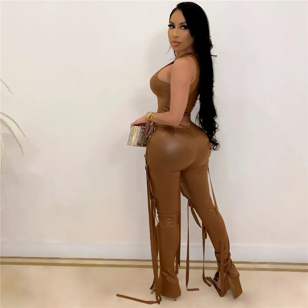 Sexy PU Faux Leather Two Piece Set for Women Matching Sets Y2K Party Club Crop Top and Ribbons Pants 2 Piece Sets Women Outfit