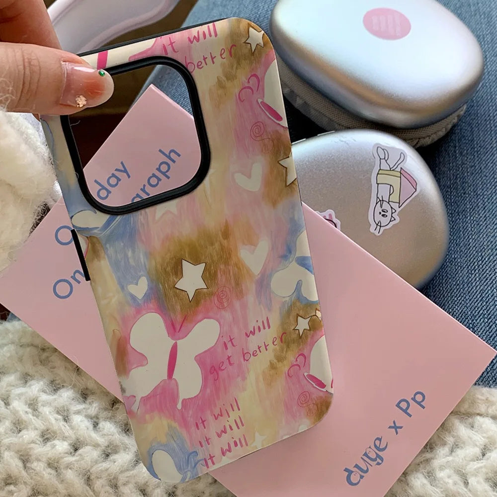 Yellow Powder Dreamy Butterfly Phone Case for IPHONE 17 Air 16E 15 PROMAX 14 Plus 13 12 MINI 11 PRO 16Plus Acrylic Phone Cover
