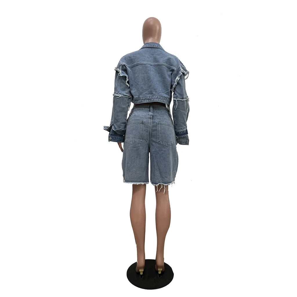 Shorts Pant Set Women Two Piece Sets Denim Turn Down Collar Matching Sets Tops Knee Length Pants High Waist Y2k Streetwear