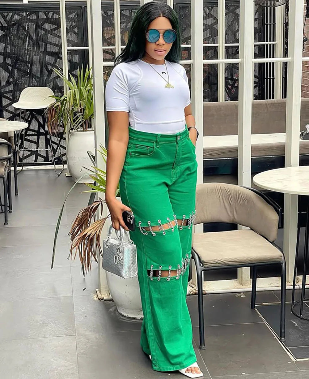 High Waist Green Ripped Chain Decoration Patchwork Wide Leg Denim Pants Women Fashion Casual Personality Trendy Long Trousers