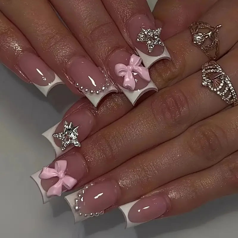 24Pcs White Fake Nails Press on Nails French Pink Bow Design Gentle Flower Acrylic False Nail with Jelly Glue Wearable Manicure