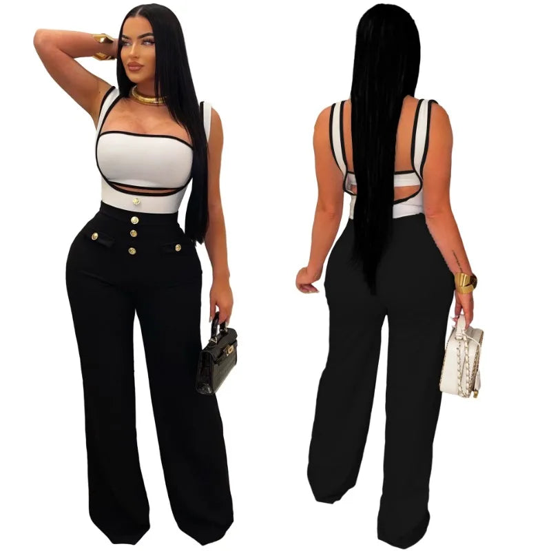 Elegant 2 Piece Sets for Women Summer Outfits Sexy Halter Tube Crop Tops Bodycon Flare Pants Set Vacation Jumpsuits Club Outfits