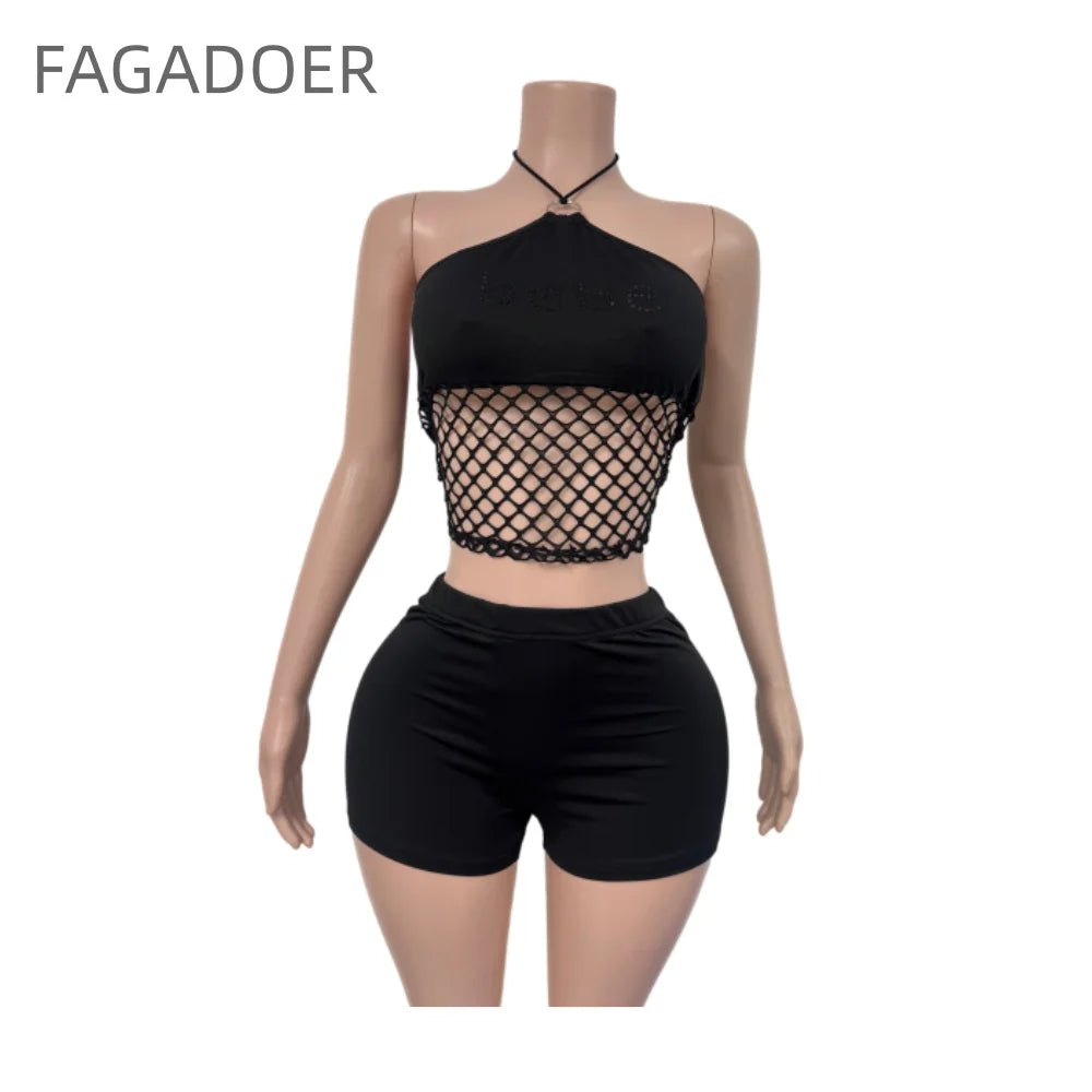 FAGADOER Sexy Lace Up Off Shoulder Two Piece Sets for Women Summer Hollow Out Crop Top and Shorts Suits Street Party Outfits