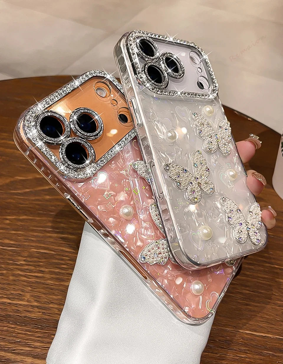 Diamond Bling Glitter Phone Case For iPhone 17 Air 11 12 13 16 Pro Max 15 14 16 Plus 17Pro Max Cute Butterfly Protector Cover
